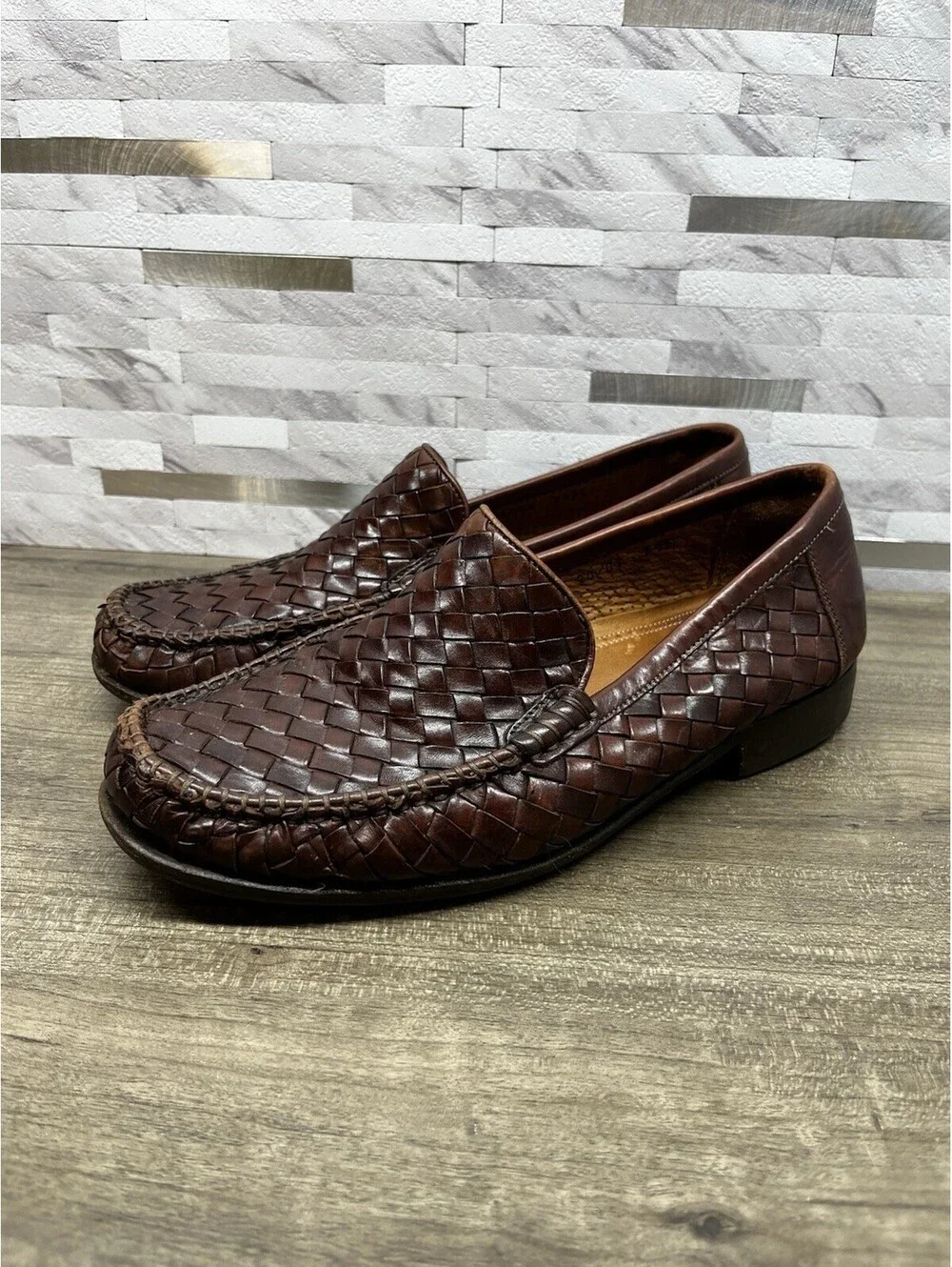 Allen Edmonds Messina Moc Loafers Men’s 7.5 EEE Weave Intrecciato Brown Italy